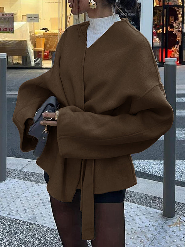 Long Sleeves Loose Solid Color Tied Waist V-Neck Outerwear