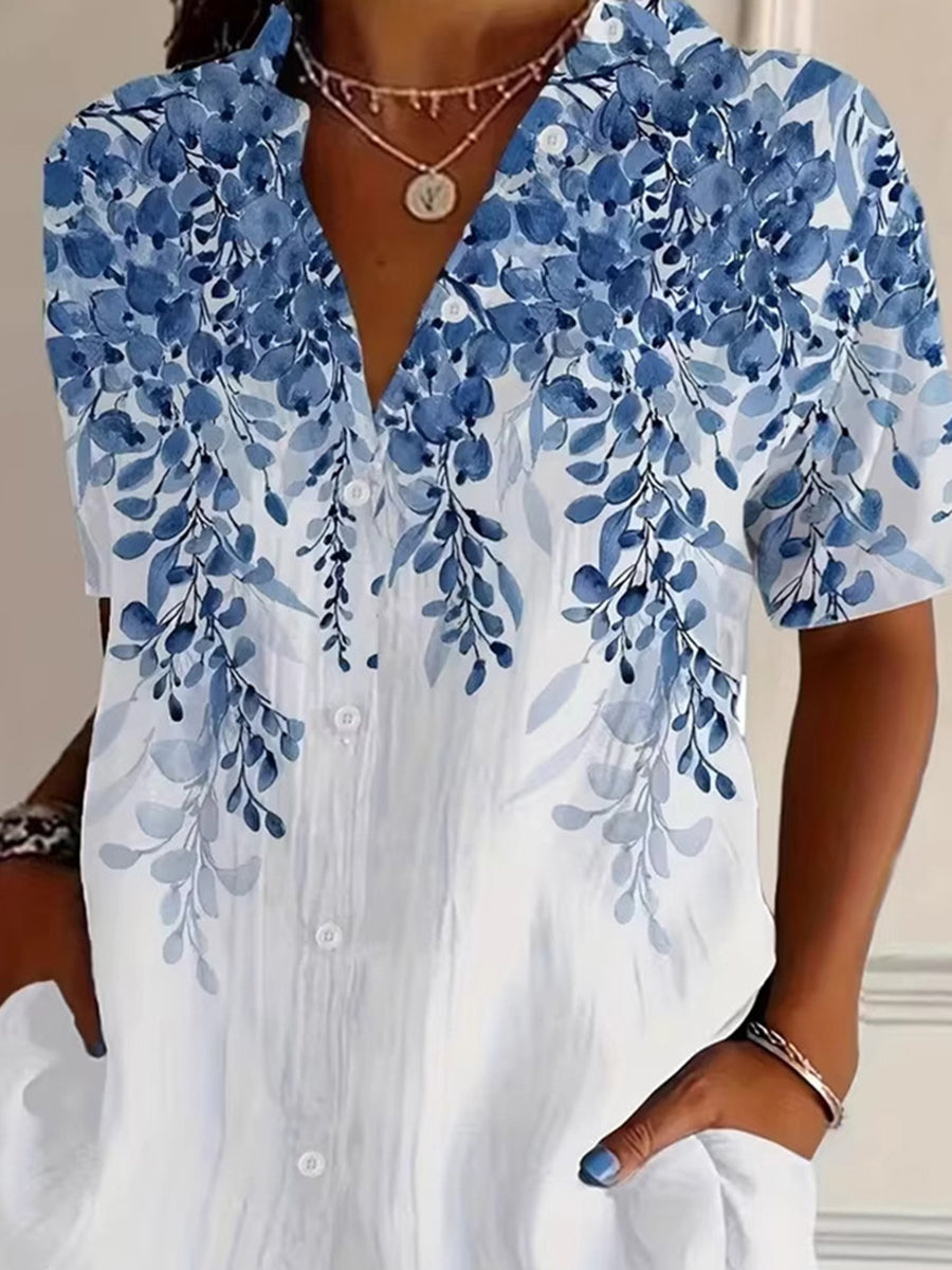 Loose Plus Size Buttoned Contrast Color Flower Print Lapel Blouses&Shirts Tops