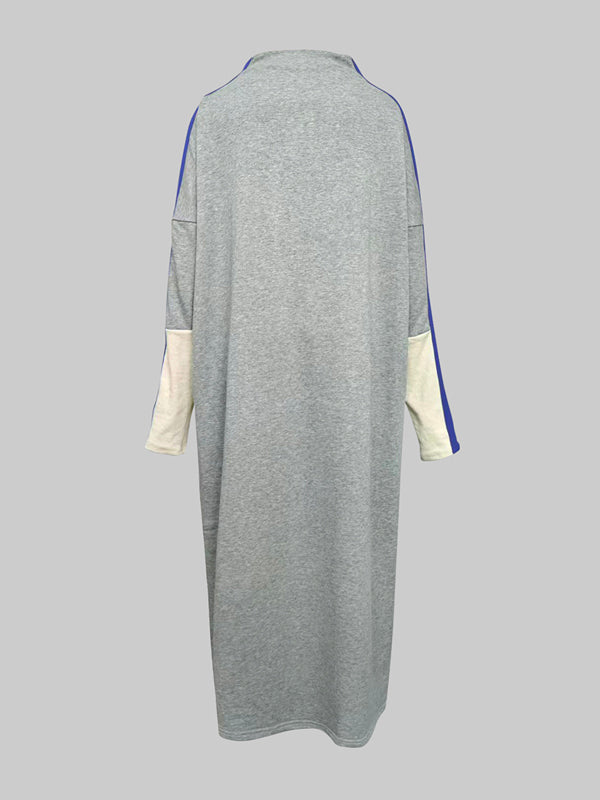 Long Sleeves Loose Contrast Color Stand Collar Maxi Dresses
