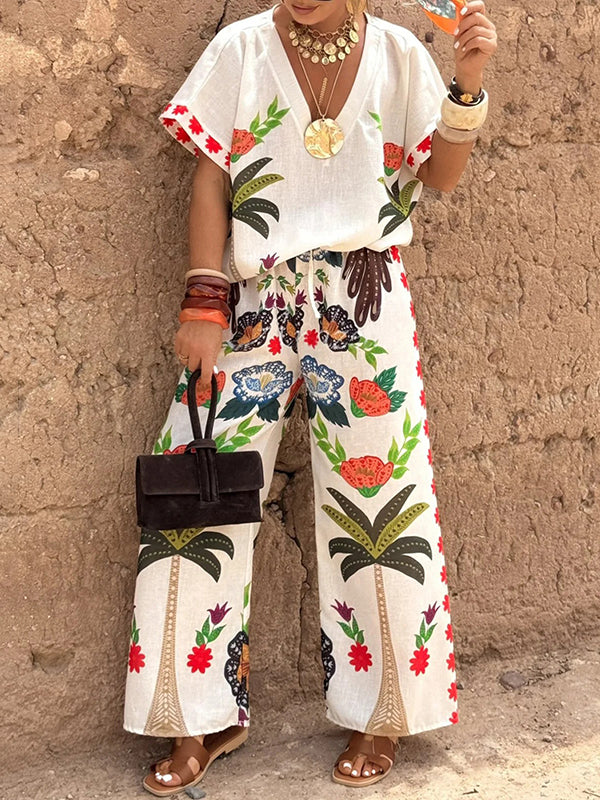 Loose Raglan Sleeve Printed Split-Joint V-Neck Blouses&Shirts Tops