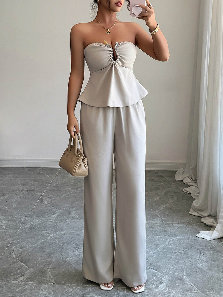 Solid Color Pleated Buttoned Ruffled Tube Blouses&Shirts Tops + High Waisted Zipper Column Pants Trousers Two Pieces Set