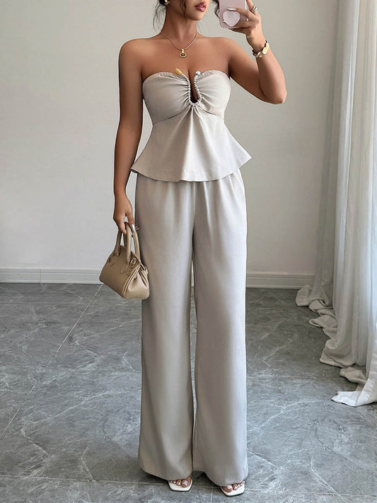 Solid Color Pleated Buttoned Ruffled Tube Blouses&Shirts Tops + High Waisted Zipper Column Pants Trousers Two Pieces Set