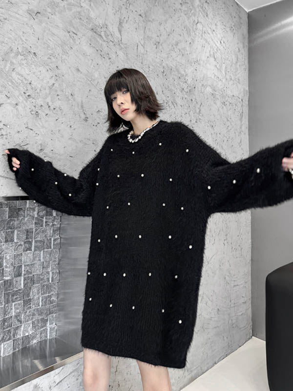 Long Sleeves Loose Beads Contrast Color Shiny Split-Joint Round-Neck Mini Dresses Sweater Dresses