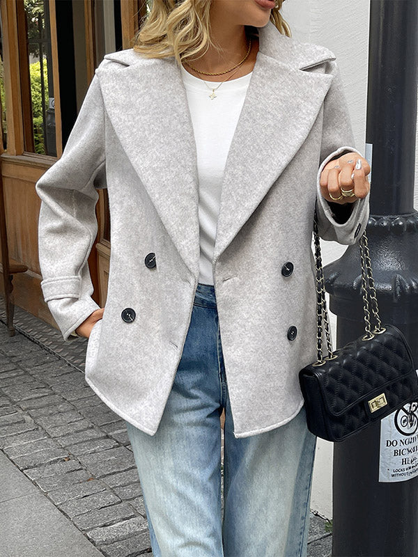 Long Sleeves Loose Buttoned Double-Breasted Solid Color Lapel Blazer Outerwear