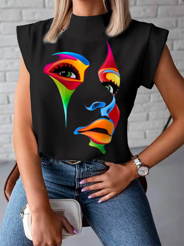 Cap Sleeve Loose Multi-Colored Printed High-Neck T-Shirts Tops