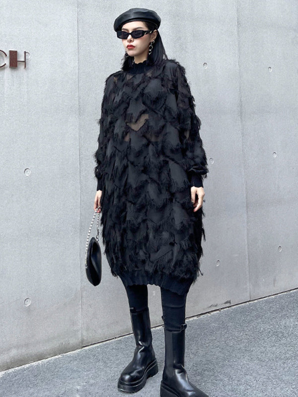 Irregularity Long Sleeves Asymmetric Mesh Pockets See-Through Solid Color Split-Joint Tasseled Stand Collar Midi Dresses