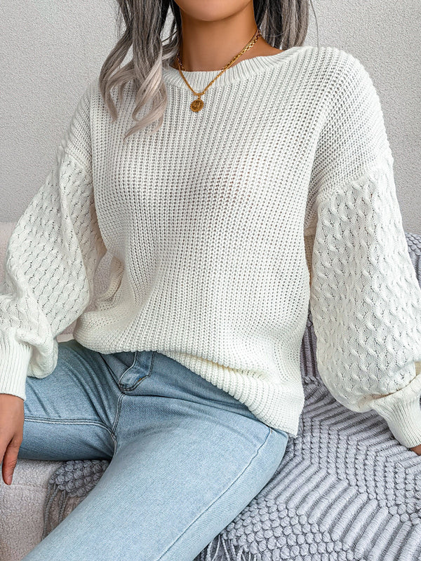 Long Sleeves Loose Cable Knit Solid Color Round-Neck Sweater Tops