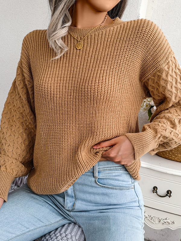 Long Sleeves Loose Cable Knit Solid Color Round-Neck Sweater Tops