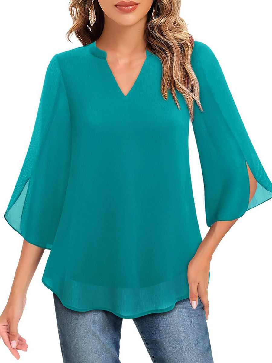 Half Sleeves Loose Solid Color V-Neck Blouses&Shirts Tops