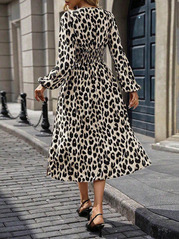 Elasticated Waist High Waisted Contrast Color Leopard Pleated Split-Joint V-Neck Maxi Dresses