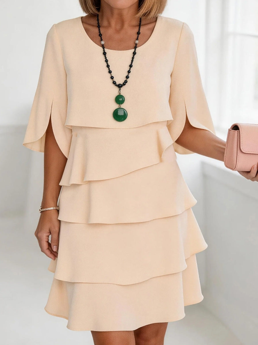 Half Sleeves Loose Layered Ruffled Solid Color Split-Joint Round-Neck Mini Dresses