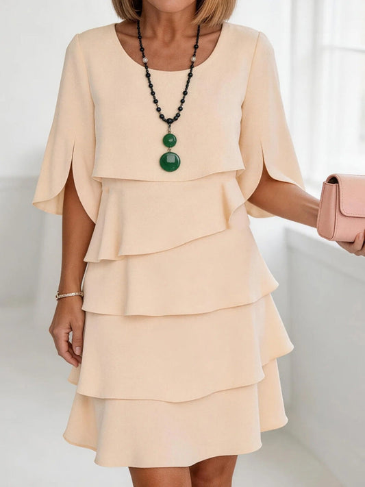 Half Sleeves Loose Layered Ruffled Solid Color Split-Joint Round-Neck Mini Dresses