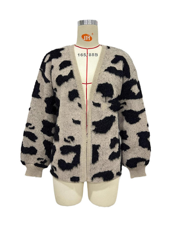 Long Sleeves Loose Contrast Color Leopard Print Cardigan Tops