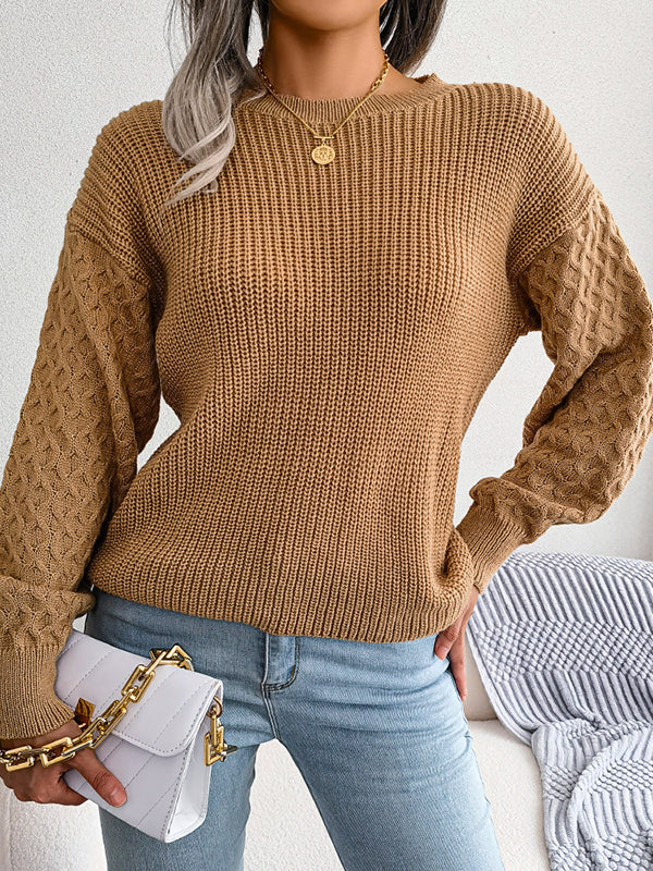 Long Sleeves Loose Cable Knit Solid Color Round-Neck Sweater Tops