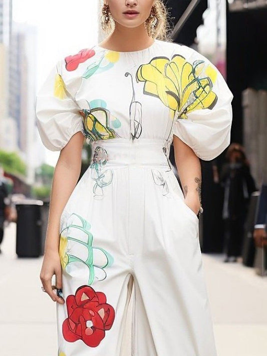 Half Sleeves Puff Sleeves Elasticity Flower Print Pleated Round-neck Blouses&shirts Tops