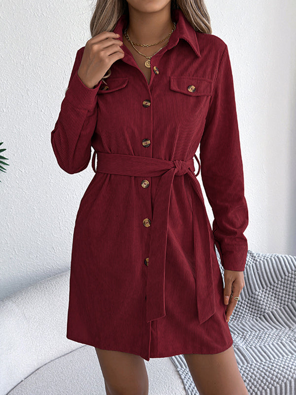 Elasticated Waist Long Sleeves Belted Buttoned Single-Breasted Solid Color Lapel Collar Mini Dresses Shirt Dress