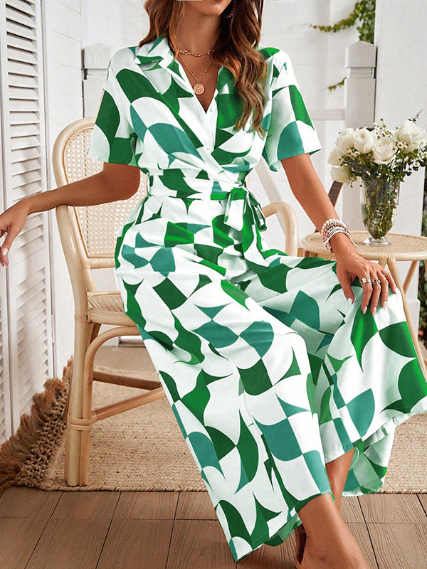 High Waisted Loose Buttoned Contrast Color Tied Waist V-Neck Jumpsuits