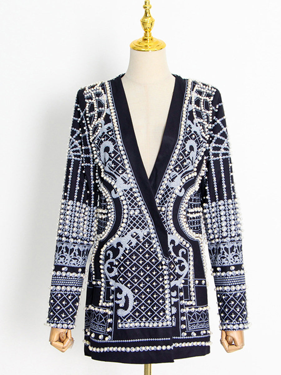 Long Sleeves Loose Beads Printed V-Neck Blazer Outerwear