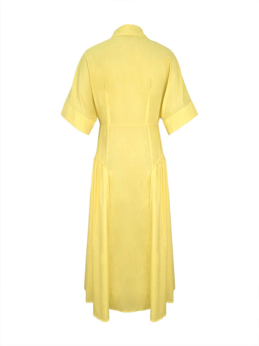 Loose Short Sleeves Buttoned Pleated Solid Color Lapel Collar Midi Dresses Shirt Dress