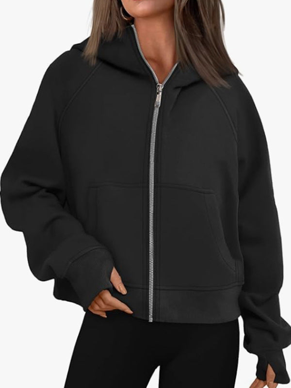 Hooded Long Sleeves Pockets Solid Color Zipper Jackets Outerwear