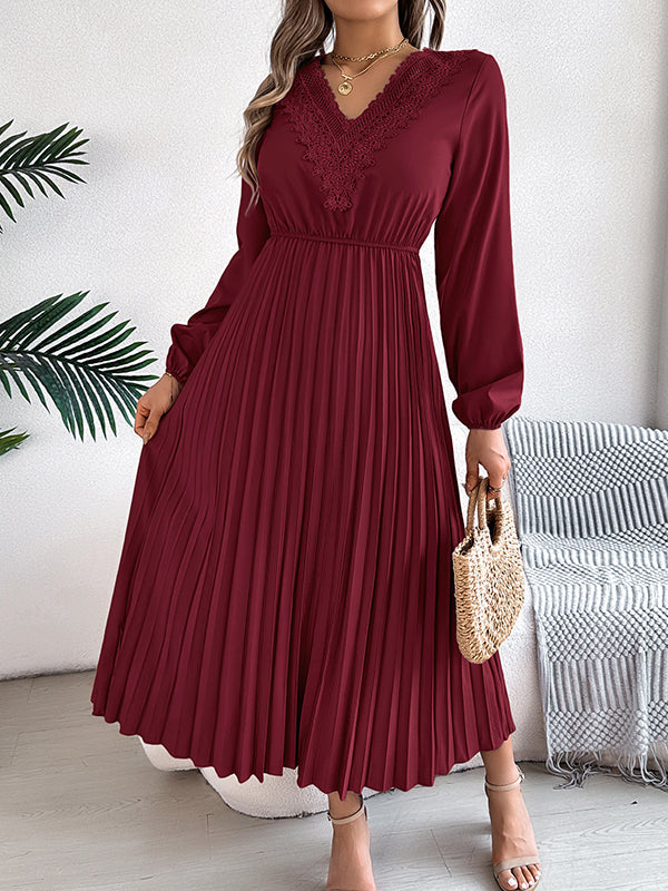 Elasticated Waist High Waisted Pleated Solid Color V-Neck Midi Dresses