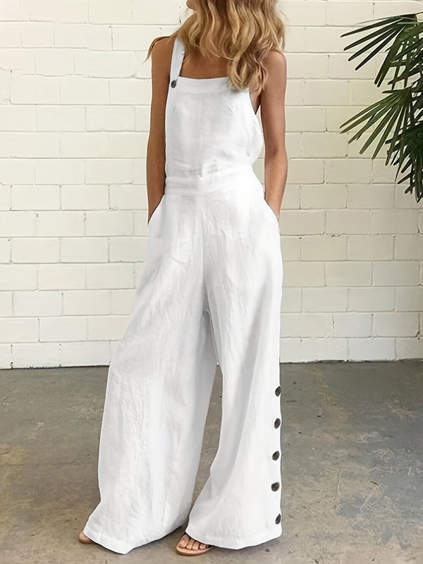 High Waisted Loose Buttoned Pockets Solid Color Spaghetti-Neck Overalls