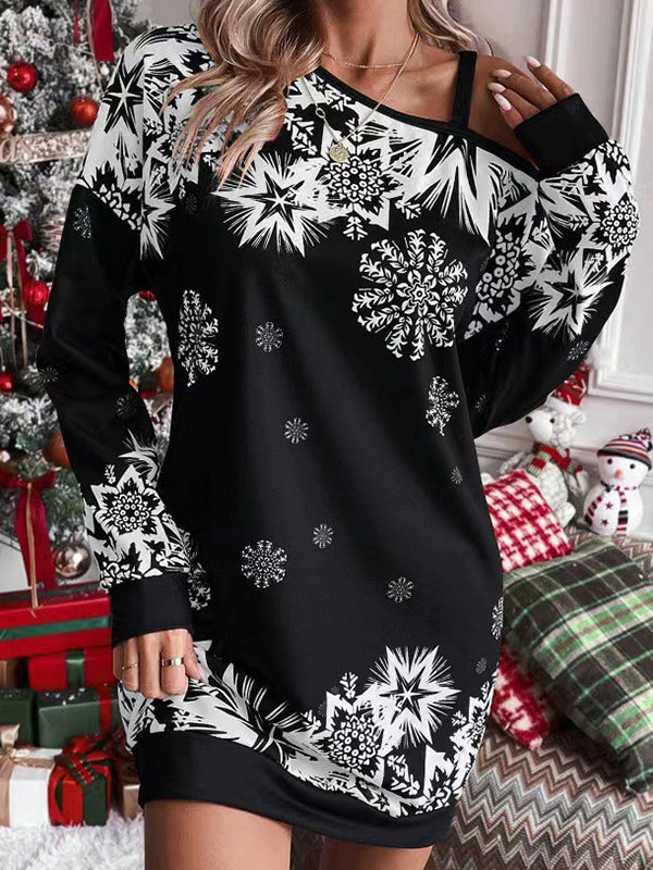 Bodycon Long Sleeves Contrast Color Printed Split-Joint One-Shoulder Midi Dresses