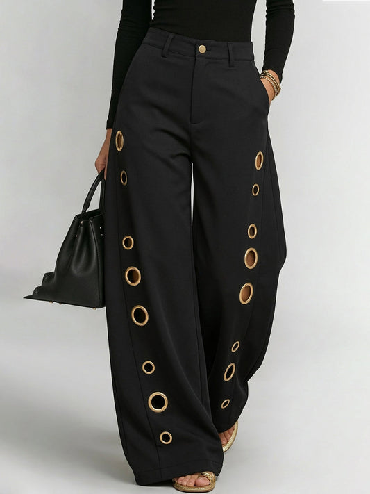 High Waisted Wide Leg Buttoned Hollow Pockets Solid Color Split-Joint Pants Trousers