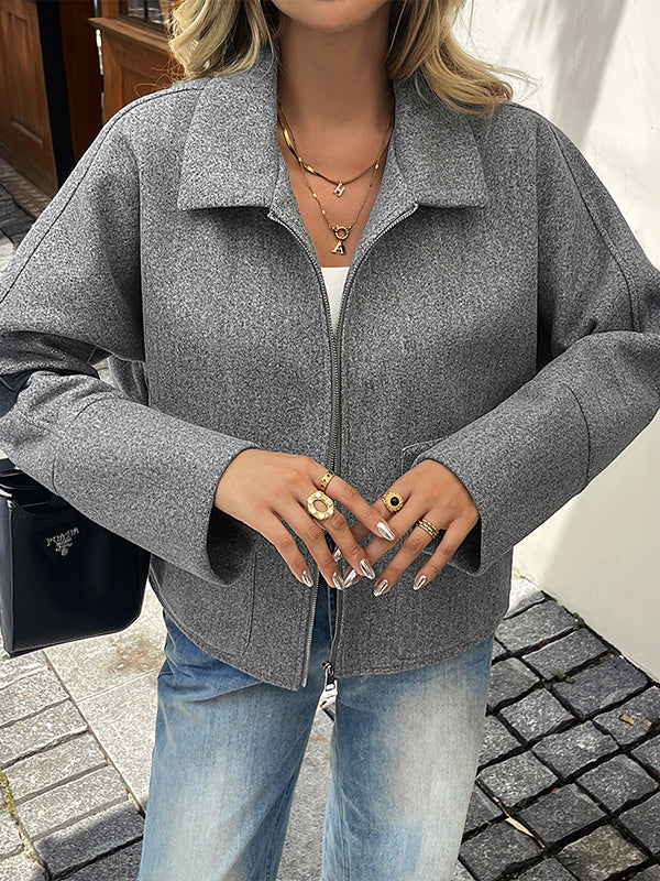 Long Sleeves Pockets Solid Color Zipper Lapel Coats&Jackets Outerwear