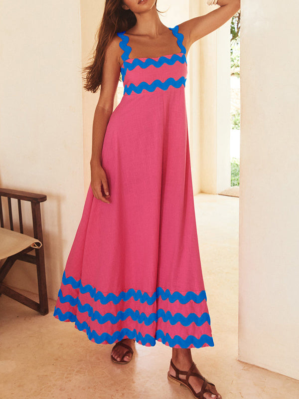 A-line High Waisted Contrast Color Zipper Square-neck Maxi Dresses Midi Dresses