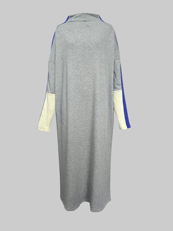 Long Sleeves Loose Contrast Color Stand Collar Maxi Dresses