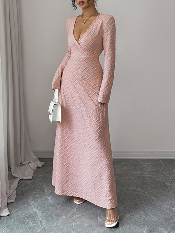 High Waisted Long Sleeves Pleated Solid Color Deep V-Neck Maxi Dresses