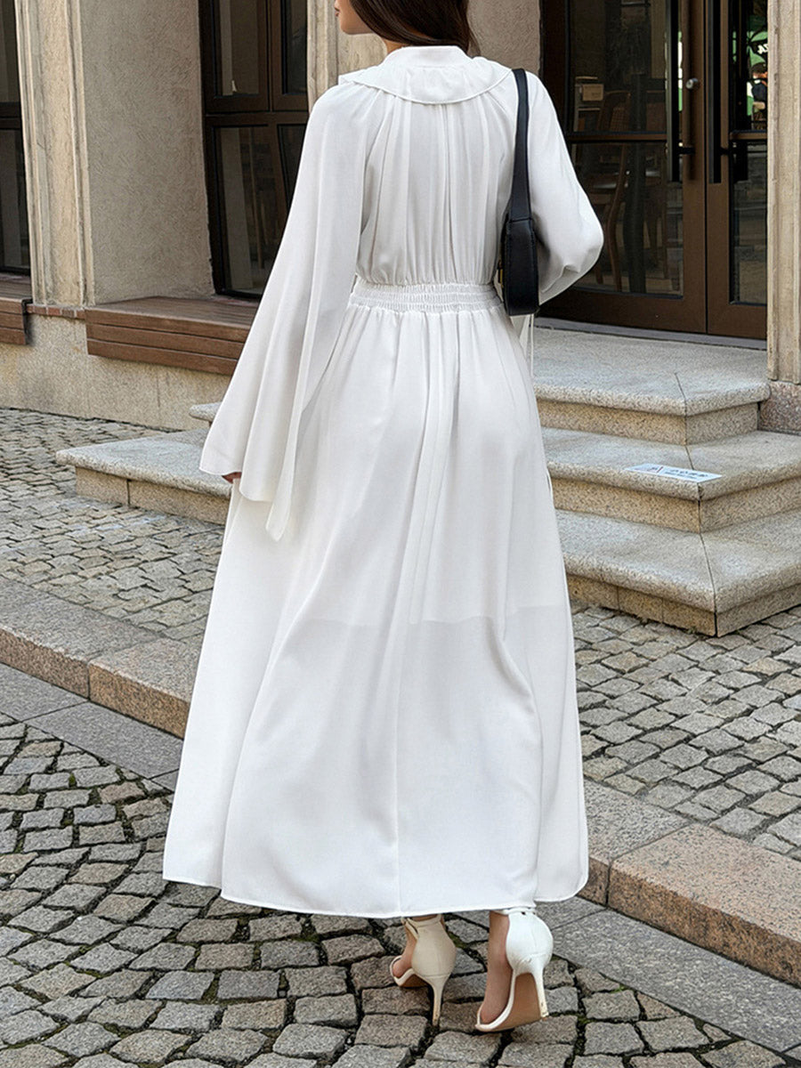 High Waisted Long Sleeves Pleated Ruffled Solid Color V-Neck Maxi Dresses
