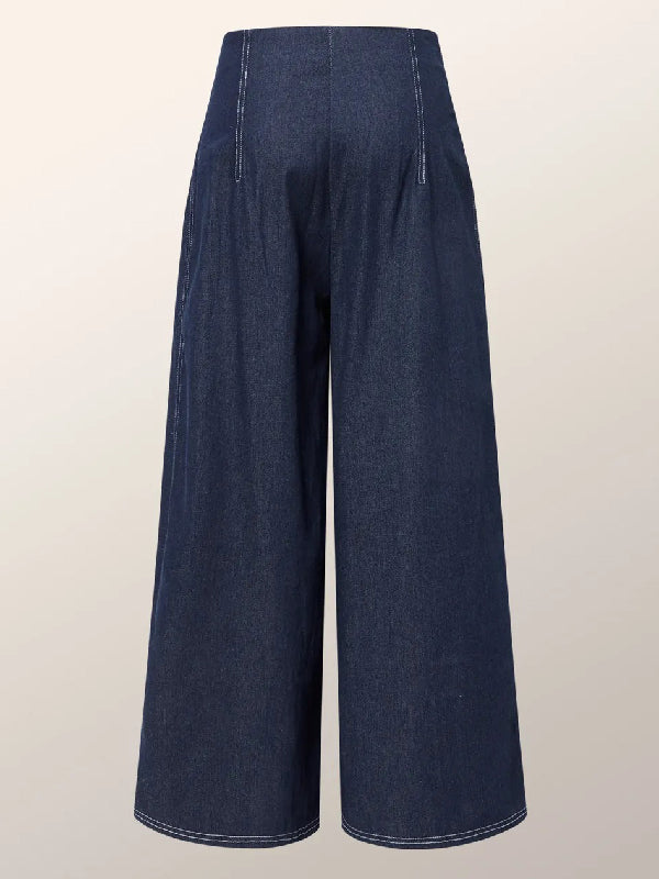High Waisted Loose Pleated Split-Joint Jean Pants Bottoms