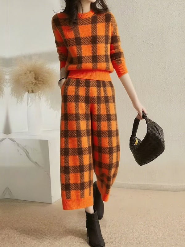 Wide Leg Contrast Color Plaid Pockets Pants