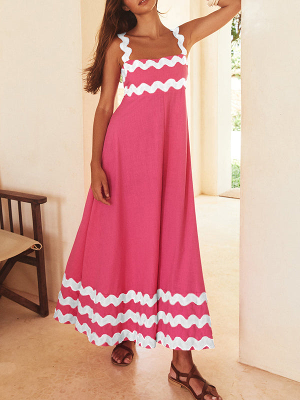A-line High Waisted Contrast Color Zipper Square-neck Maxi Dresses Midi Dresses