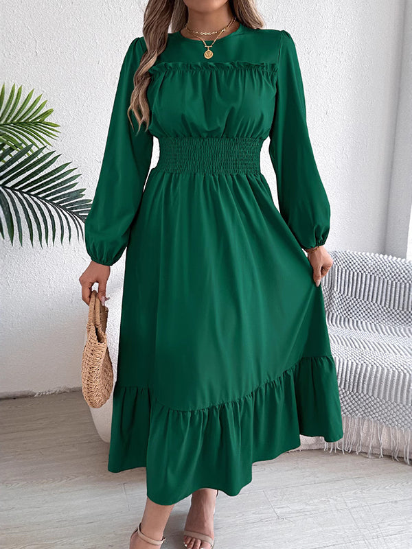 A-Line Elasticated Waist Pleated Solid Color Round-Neck Maxi Dresses