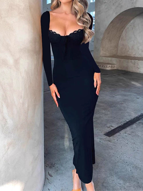 Bodycon High Waisted Bow-Embellished Solid Color Split-Joint Tied Square-Neck Maxi Dresses
