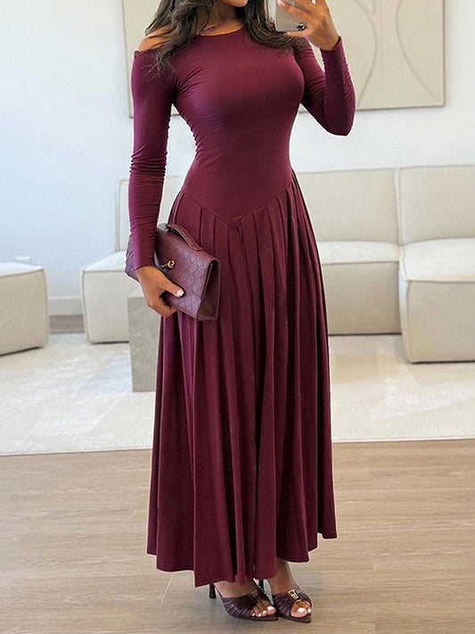 A-Line Bodycon Asymmetric Pleated Solid Color Split-Joint One-Shoulder Maxi Dresses