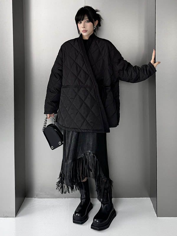 Long Sleeves Loose Plaid Quilted Solid Color Split-Joint Tied Collarless Outerwear Padded Coat