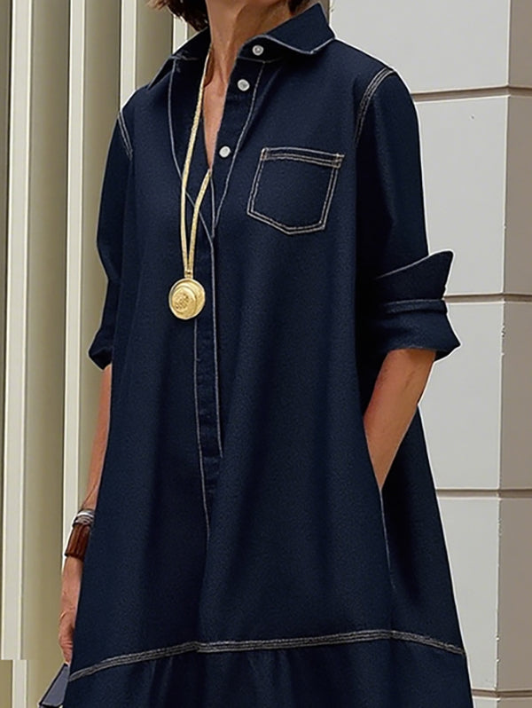 Long Sleeves Loose Buttoned Pockets Solid Color Lapel Midi Dresses