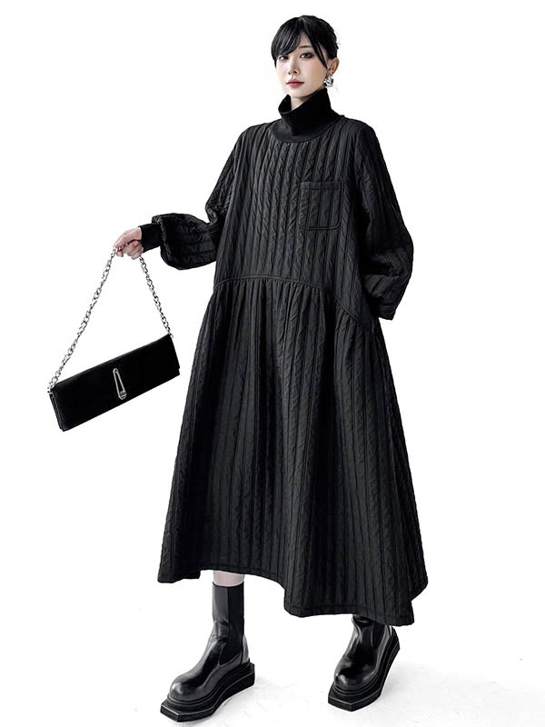 A-Line Long Sleeves Embossed Pockets Quilted Solid Color Split-Joint High Neck Midi Dresses Sweater Dresses