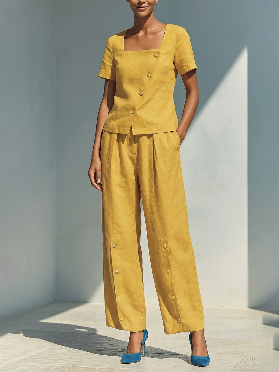 Loose Short Sleeves Buttoned Solid Color Square-Neck Blouses&Shirts Tops