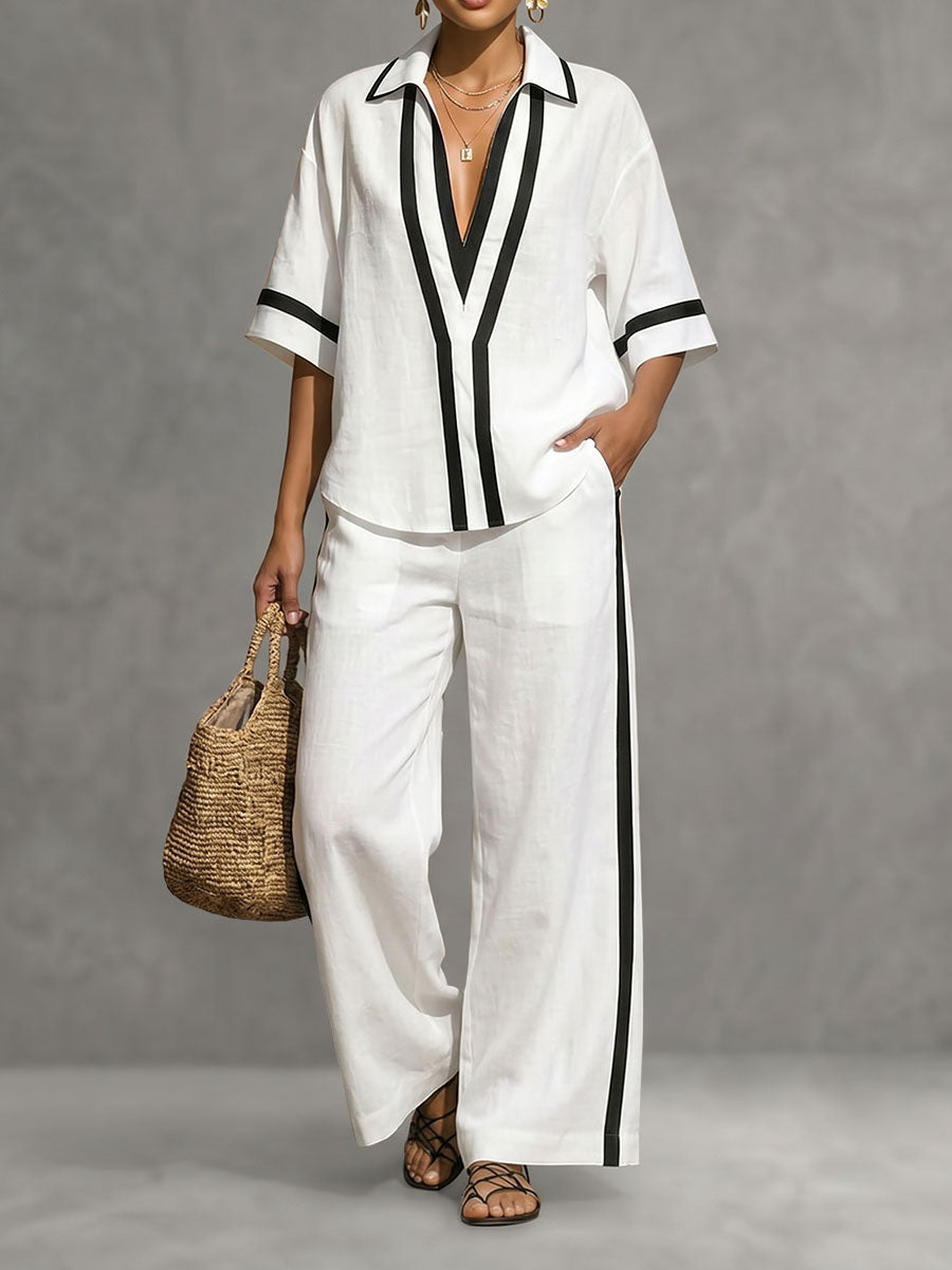 Half Sleeves Loose Contrast Color Lapel Blouses&Shirts Tops