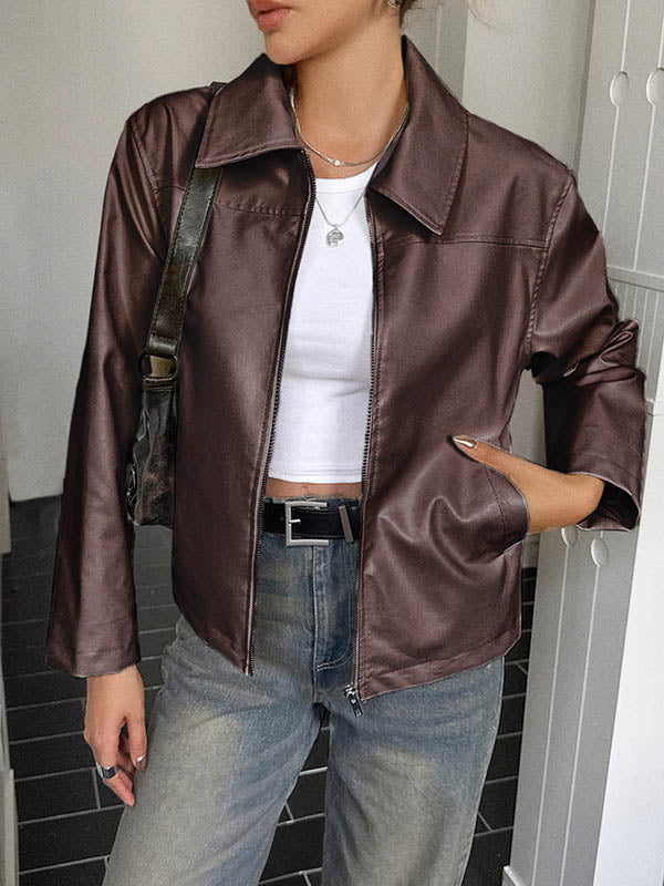 Long Sleeves Pockets Solid Color Zipper Lapel Jackets Overcoat
