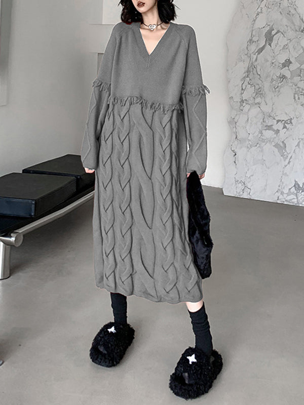 Long Sleeves Loose Solid Color Split-Joint Tasseled V-Neck Midi Dresses Sweater Dresses