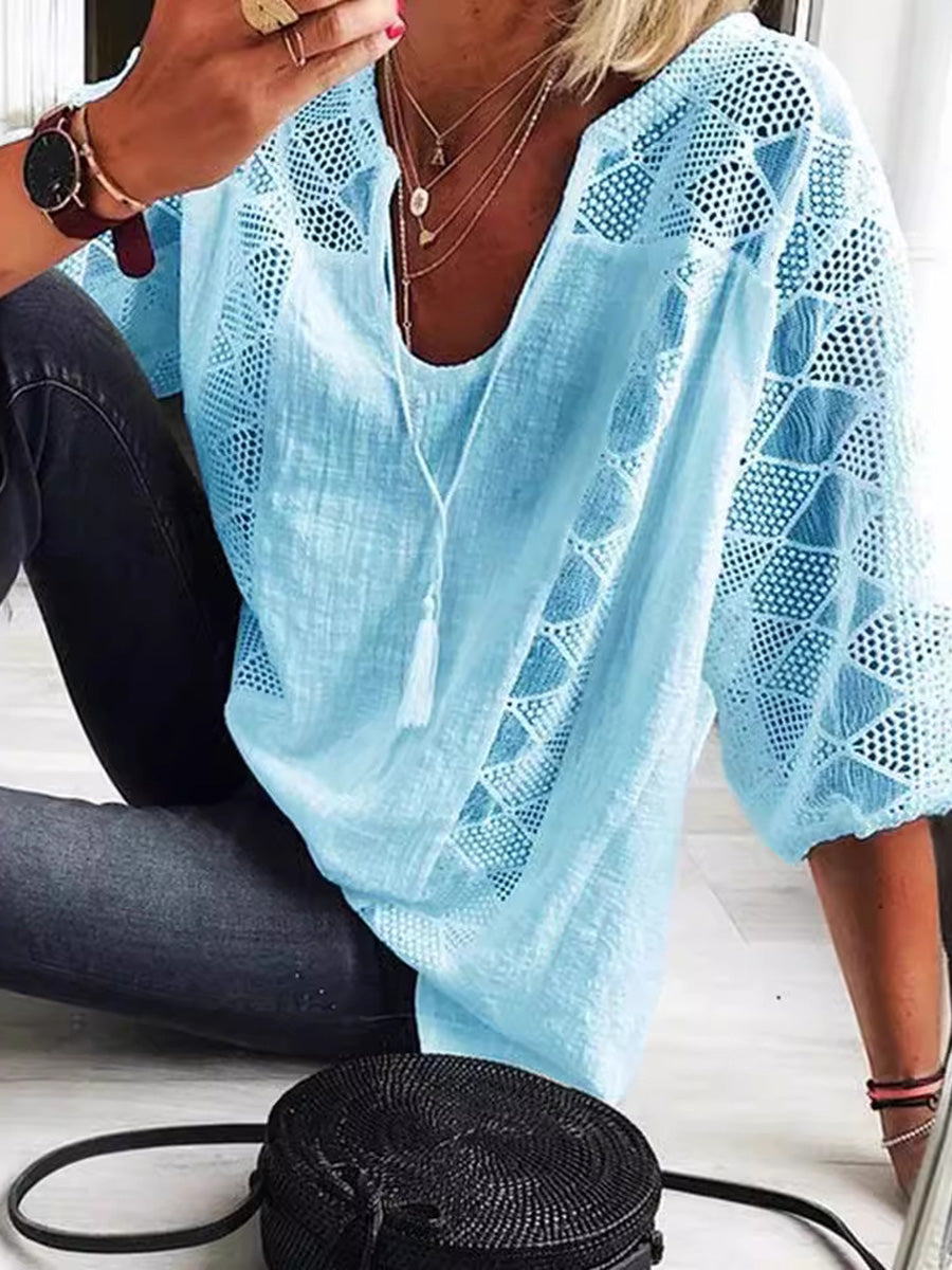 Loose Plus Size Drawstring Hollow Solid Color Split-Joint Tasseled V-Neck Blouses&Shirts Tops