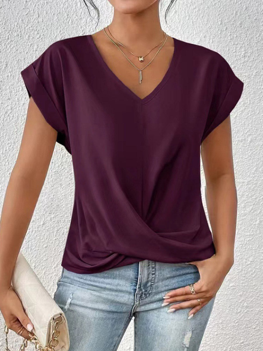 Loose Short Sleeves Pleated Solid Color V-Neck T-Shirts Tops