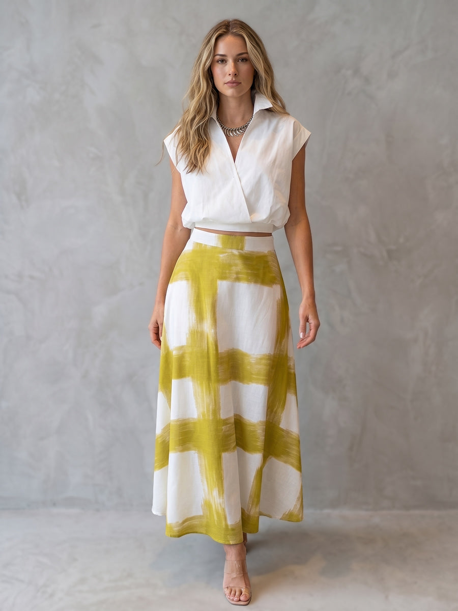 Buttoned Lapel Solid Color Blouses&Shirts Tops +  Contrast Color A-Line High Waisted Printed Skirts Bottoms Two Pieces Set