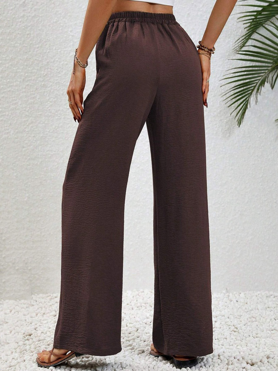 High Waisted Loose Elasticity Pleated Solid Color Tied Waist Pants Trousers